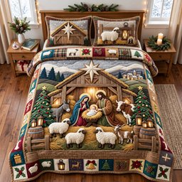 Rustic Nativity 3 Piece Quilted Bedding Set Gift For Christians
