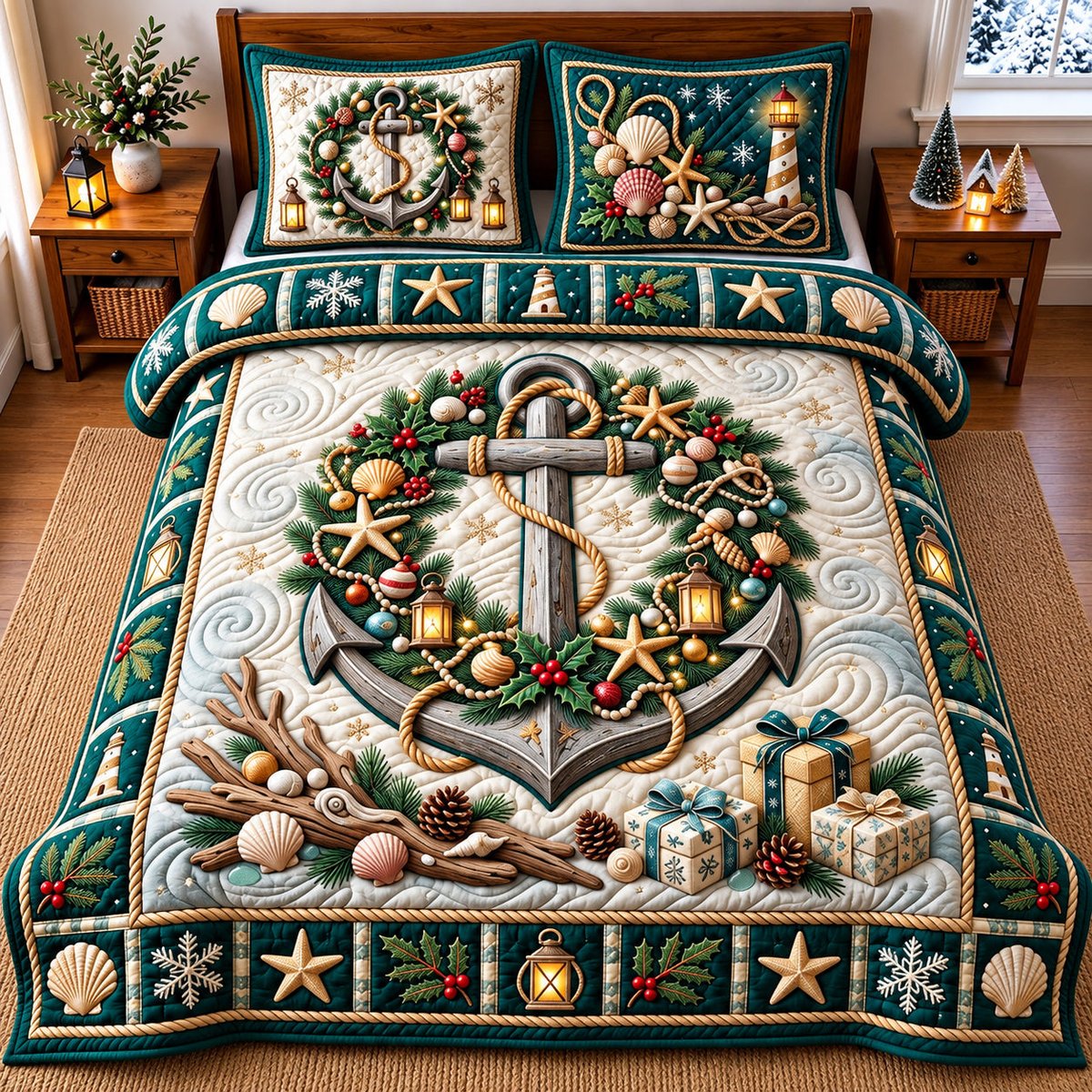 Holiday Anchor Nautical 3 Piece Quilted Bedding Set Gift For Beach Lovers