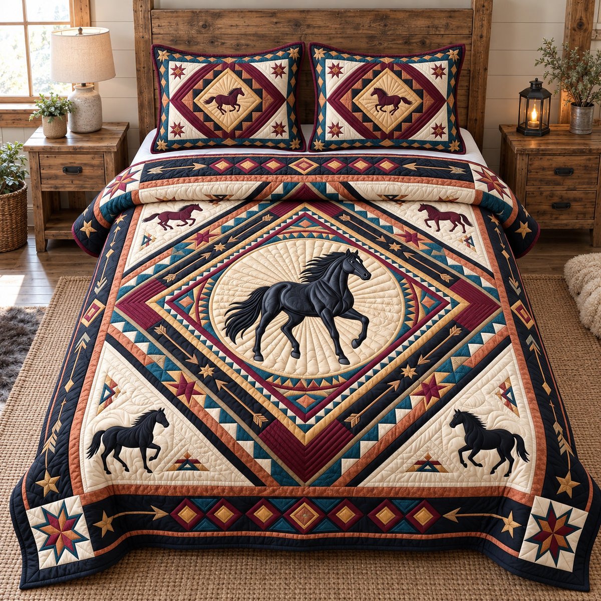 Tribal Horse Spirit 3 Piece Quilted Bedding Set Gift For Horse Lovers