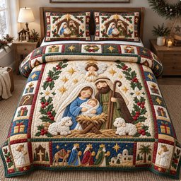 Holy Night Nativity 3 Piece Quilted Bedding Set Gift For Christians