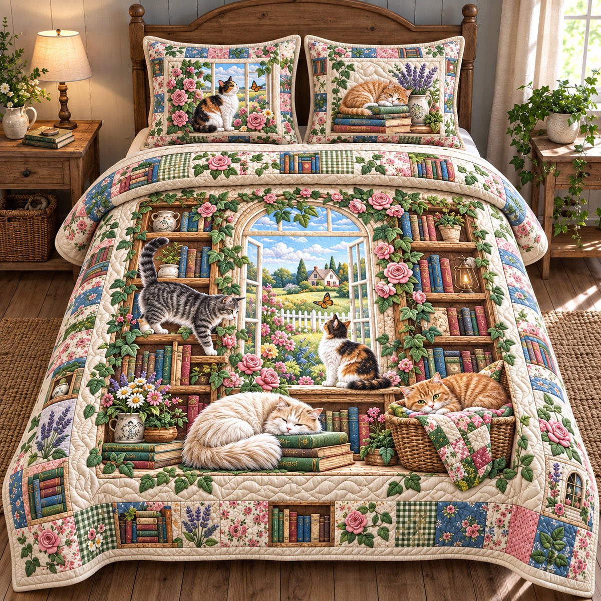 Cozy Bookshelf Cats 3 Piece Quilted Bedding Set Gift For Cat Lovers