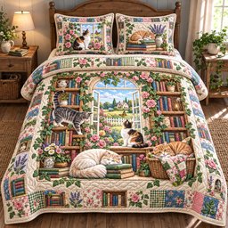 Cozy Bookshelf Cats 3 Piece Quilted Bedding Set Gift For Cat Lovers