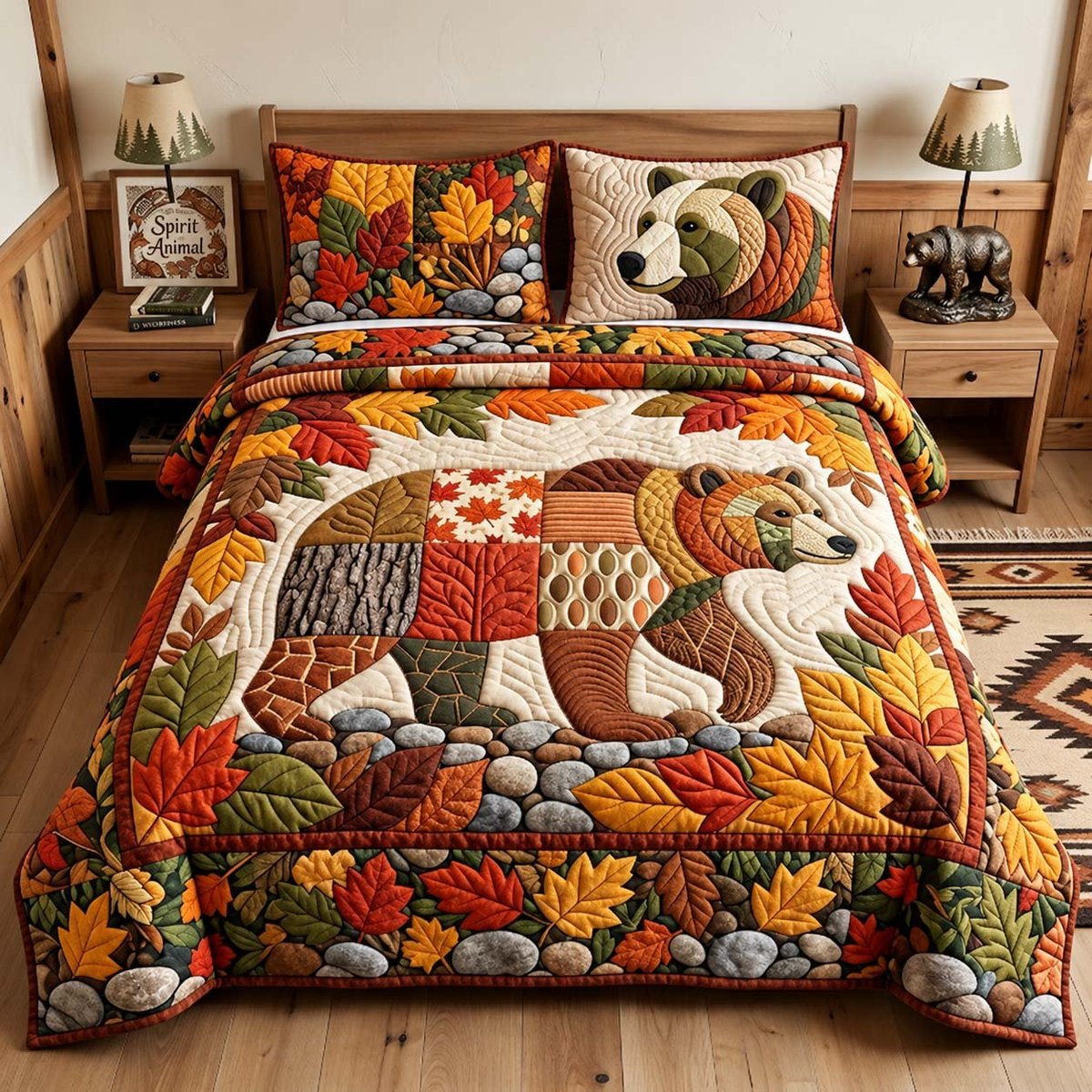 Autumn Woodland Bear 3 Piece Quilted Bedding Set Gift For Bear Lovers