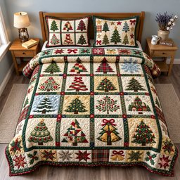 Tree Patchwork 3 Piece Quilted Bedding Set Christmas Gift For Holiday Decor Lovers