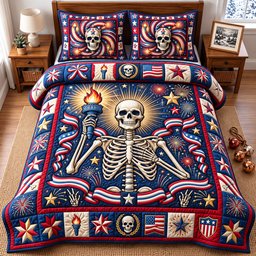Patriotic Skull 3 Piece Quilted Bedding Set Gift For Gothic Decor Lovers