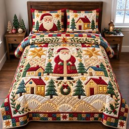 Folk Art Santa 3 Piece Quilted Bedding Set Christmas Gift For Holiday Decor Lovers