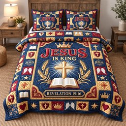 Jesus Is King 3 Piece Quilted Bedding Set Gift For Christians