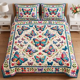 Butterfly Patchwork 3 Piece Quilted Bedding Set Gift For Butterfly Lovers
