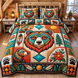 Native Bear 3 Piece Quilted Bedding Set Gift For Bear Lovers
