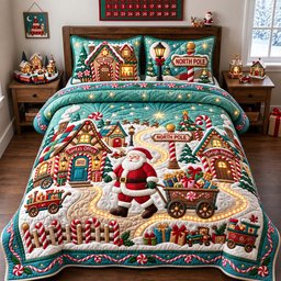 North Pole Village 3 Piece Quilted Bedding Set Christmas Gift For Holiday Decor Lovers
