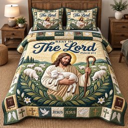 The Good Shepherd Christian 3 Piece Quilted Bedding Set Gift For Christians
