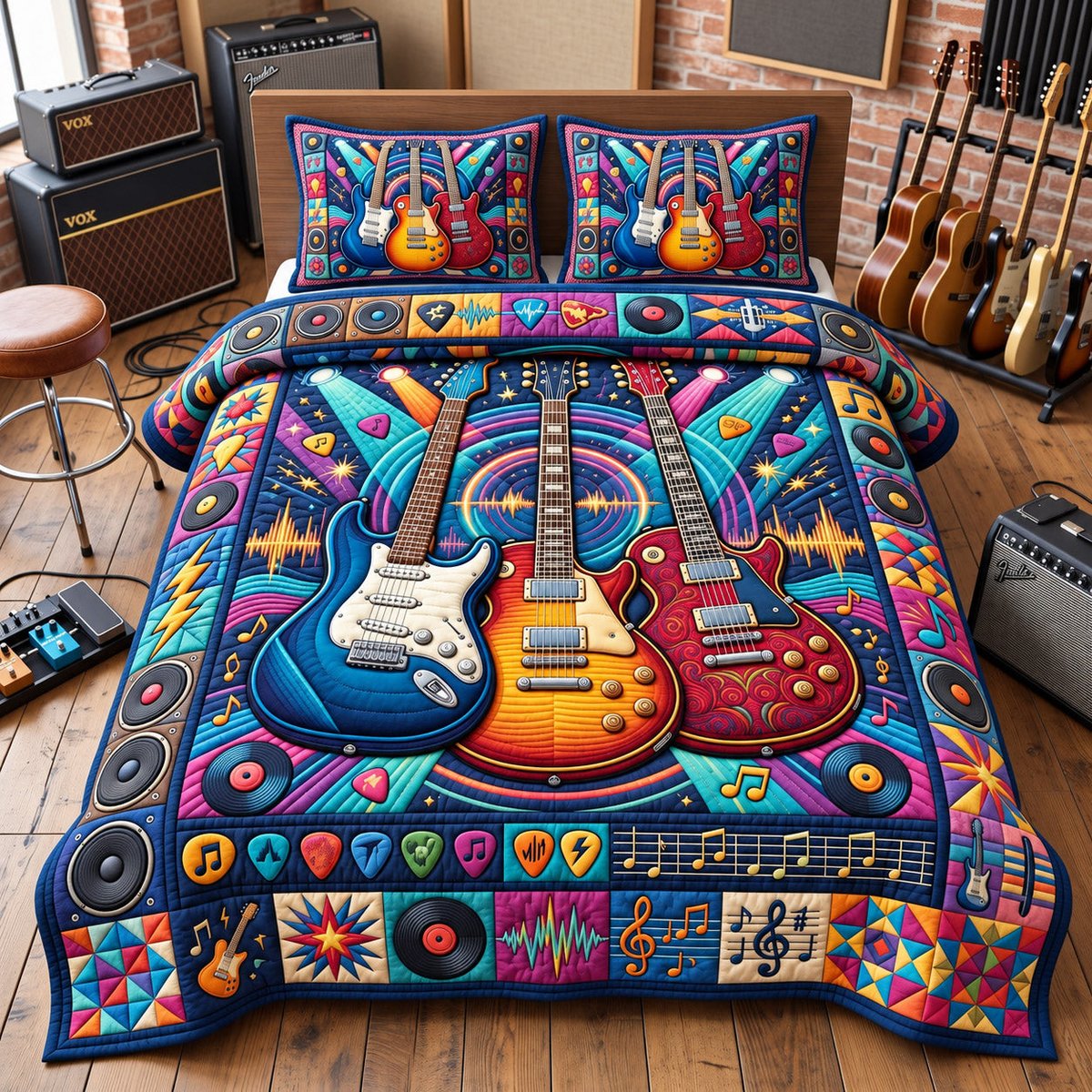 Guitar Lover 3 Piece Quilted Bedding Set Gift For Music Lovers
