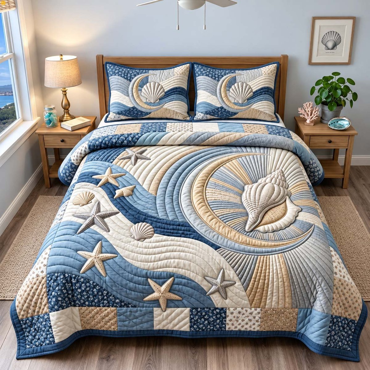 Moonlit Seashell Beach 3 Piece Quilted Bedding Set Gift For Beach Lovers