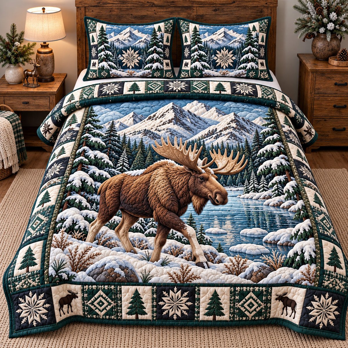 Alpine Moose Wanderer 3 Piece Quilted Bedding Set Gift For Nature Lovers