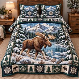 Alpine Moose Wanderer 3 Piece Quilted Bedding Set Gift For Nature Lovers
