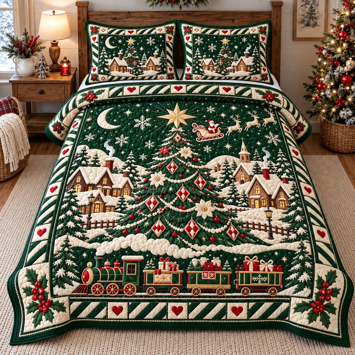 Village 3 Piece Quilted Bedding Set Christmas Gift For Holiday Decor Lovers