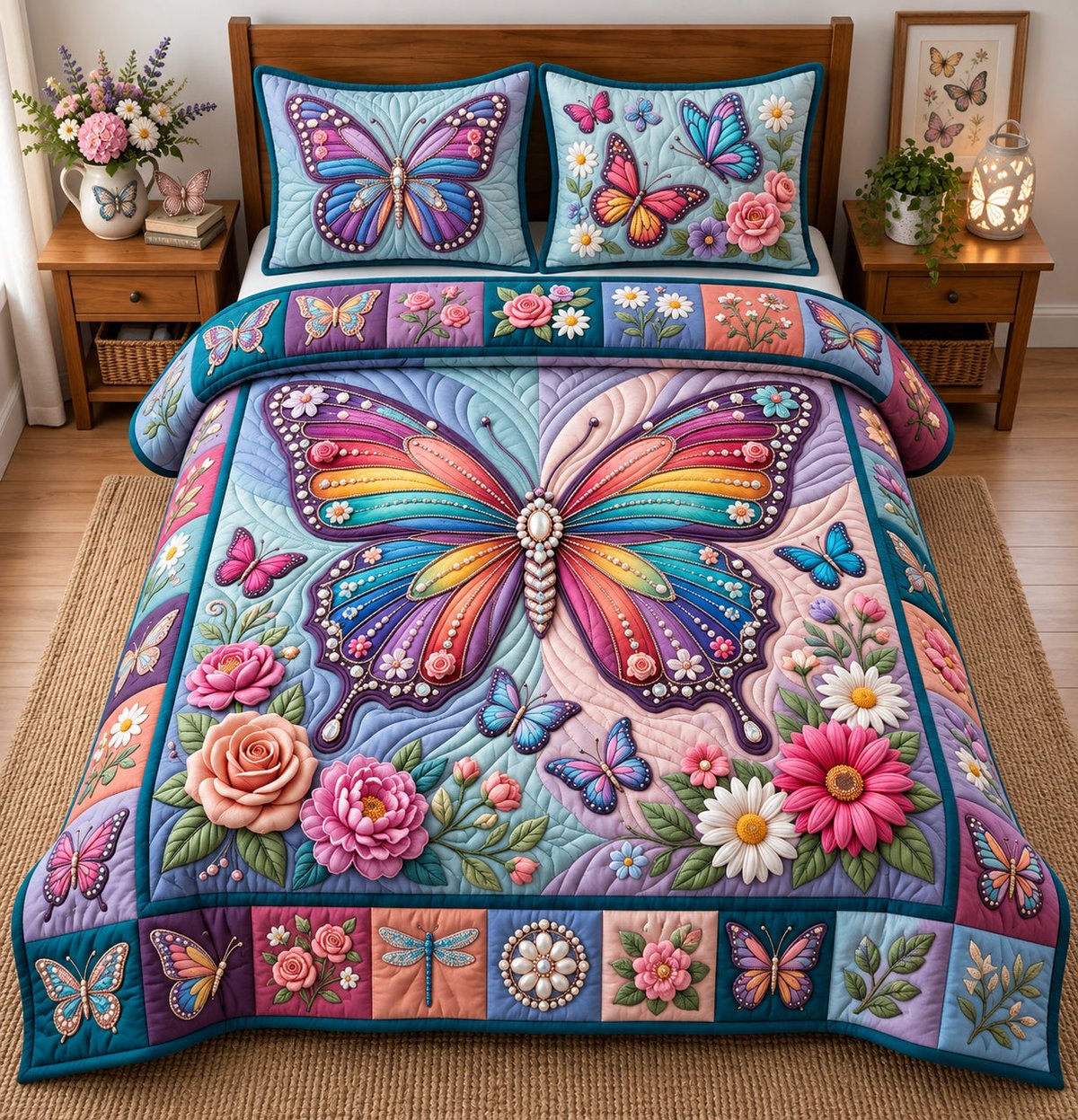 Jeweled Rainbow Butterfly 3 Piece Quilted Bedding Set Gift For Butterfly Lovers