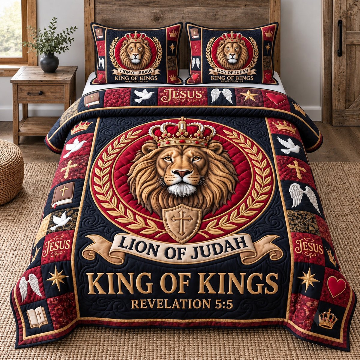 Lion of Judah Christian 3 Piece Quilted Bedding Set Gift For Lion Lovers