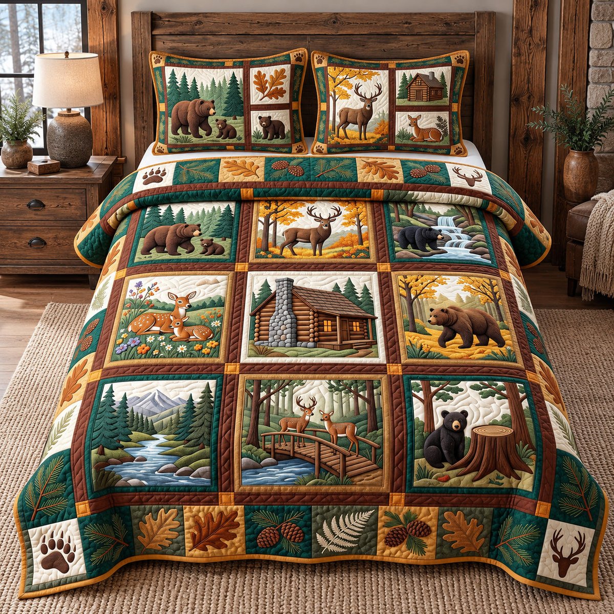 Autumn Forest Patchwork 3 Piece Quilted Bedding Set Gift For Nature Lovers