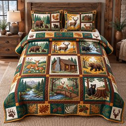 Autumn Forest Patchwork 3 Piece Quilted Bedding Set Gift For Nature Lovers