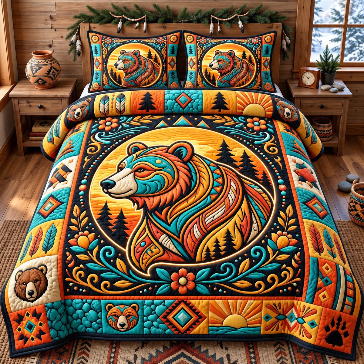 Native Bear 3 Piece Quilted Bedding Set Gift For Bear Lovers