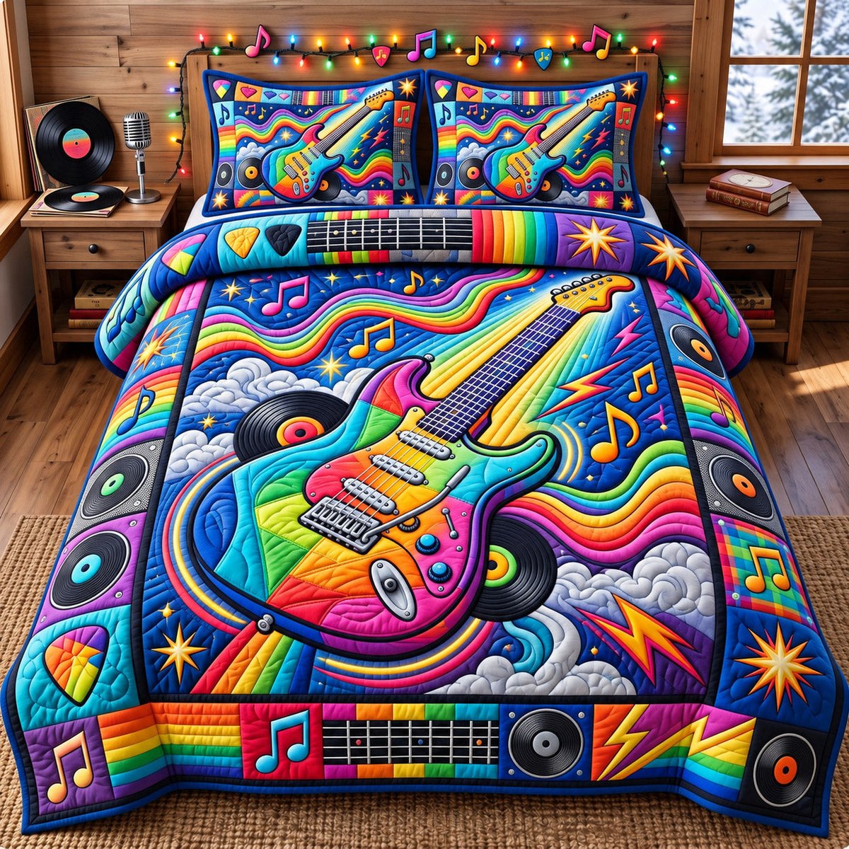 Guitar Lover 3 Piece Quilted Bedding Set Gift For Music Lovers