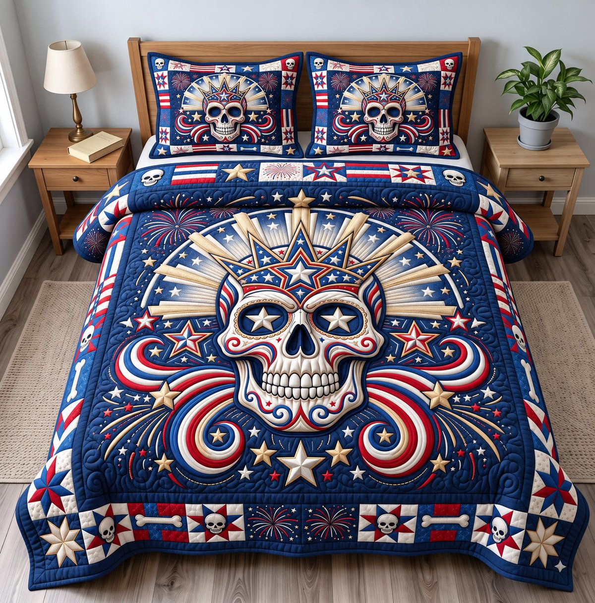 Patriotic Skull 3 Piece Quilted Bedding Set Gift For Gothic Decor Lovers