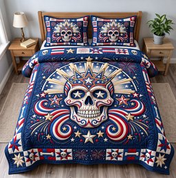 Patriotic Skull 3 Piece Quilted Bedding Set Gift For Gothic Decor Lovers