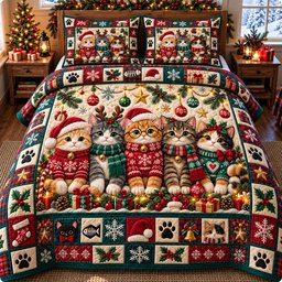 Festive Cat 3 Piece Quilted Bedding Set Christmas Gift For Cat Lovers