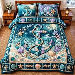 Ocean Anchor Nautical 3 Piece Quilted Bedding Set Gift For Beach Lovers