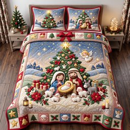 Nativity 3 Piece Quilted Bedding Set Christmas Gift For Christians