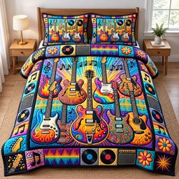 Guitar Lover 3 Piece Quilted Bedding Set Gift For Music Lovers