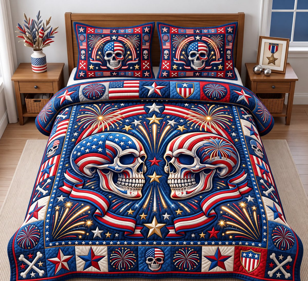 Patriotic Skull 3 Piece Quilted Bedding Set Gift For Gothic Decor Lovers