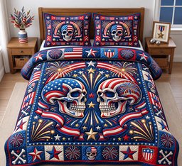 Patriotic Skull 3 Piece Quilted Bedding Set Gift For Gothic Decor Lovers