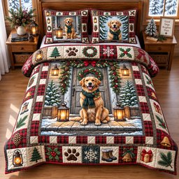 Farmhouse Golden Retriever 3 Piece Quilted Bedding Set Gift For Dog Lovers