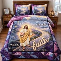 Walk by Faith Christian 3 Piece Quilted Bedding Set Gift For Christians