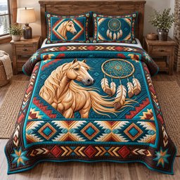 Tribal Horse Spirit 3 Piece Quilted Bedding Set Gift For Horse Lovers