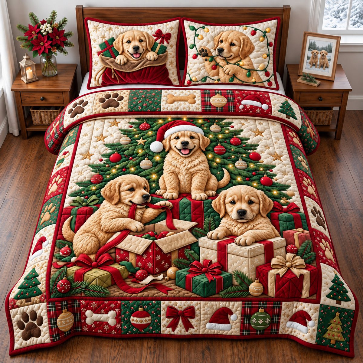 Golden Puppies Presents 3 Piece Quilted Bedding Set Christmas Gift For Holiday Decor Lovers