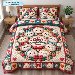 Dumpling Wreath 3 Piece Quilted Bedding Set Gift For Holiday Decor Lovers