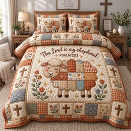 Patchwork Shepherd Lamb 3 Piece Quilted Bedding Set Gift For Christians
