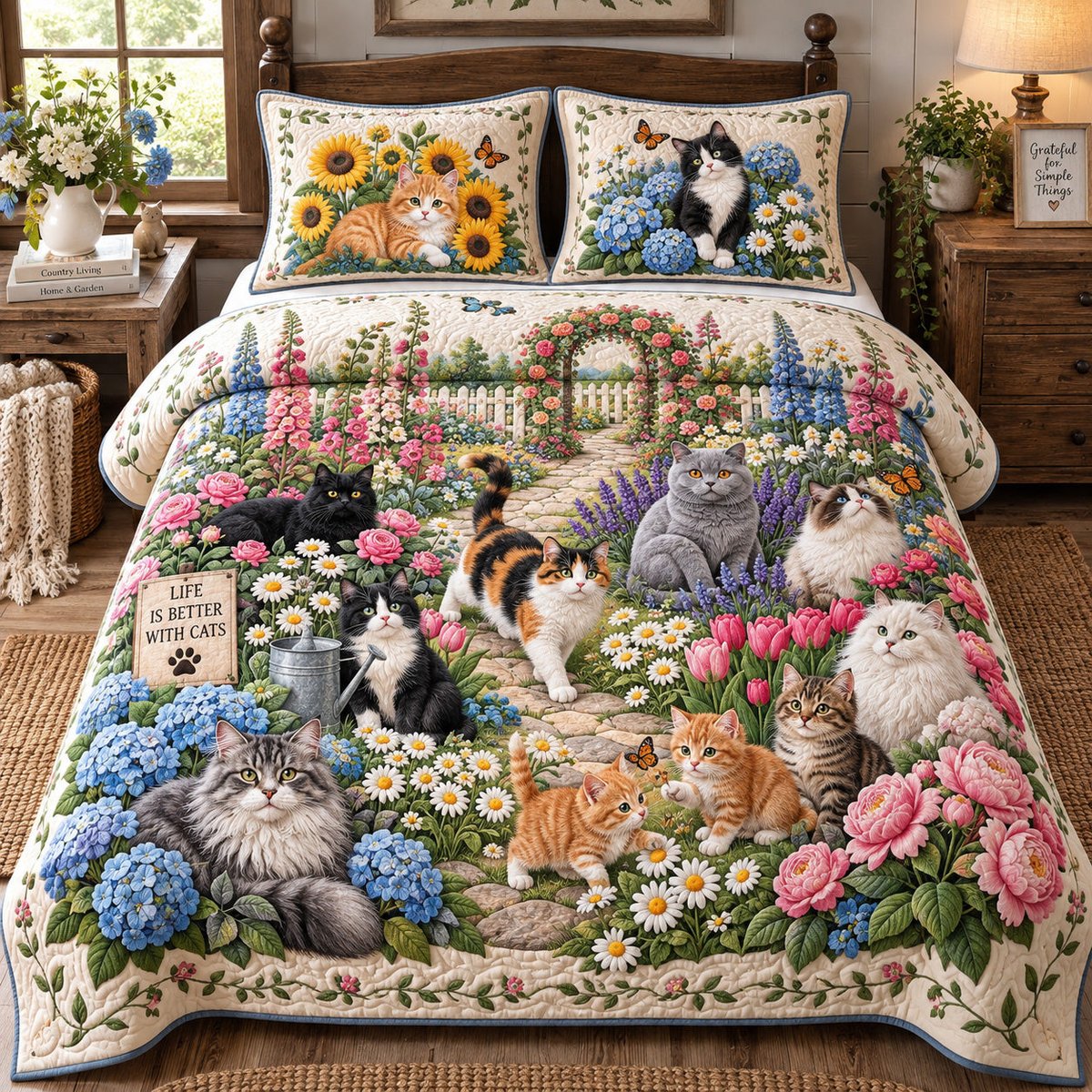 Cats Garden 3 Piece Quilted Bedding Set Gift For Cat Lovers