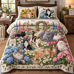 Cats Garden 3 Piece Quilted Bedding Set Gift For Cat Lovers