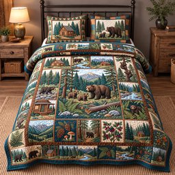 Forest Patchwork Charm 3 Piece Quilted Bedding Set Gift For Nature Lovers