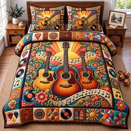 Guitar Lover 3 Piece Quilted Bedding Set Gift For Music Lovers