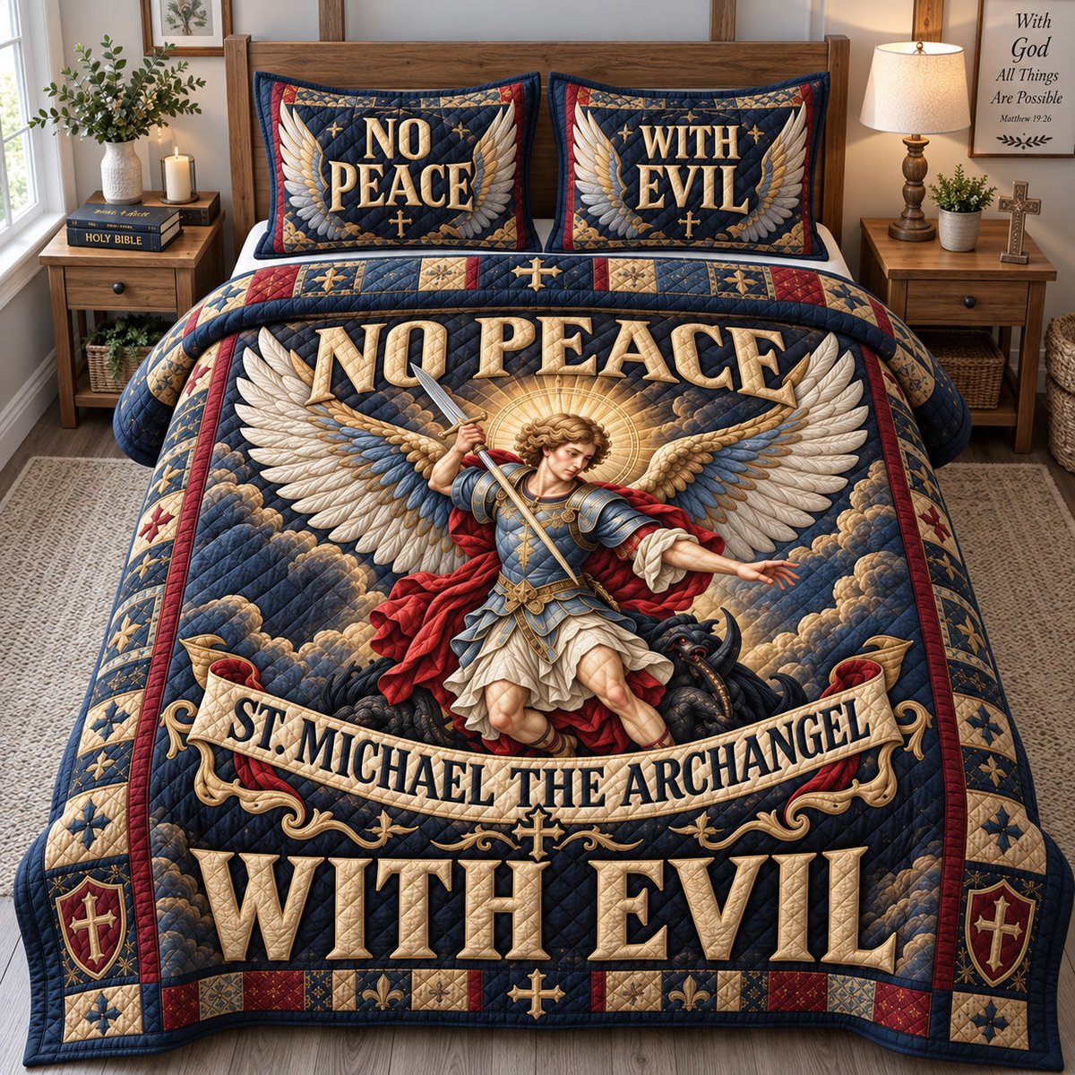 No Peace with Evil 3 Piece Quilted Bedding Set Gift For Christians