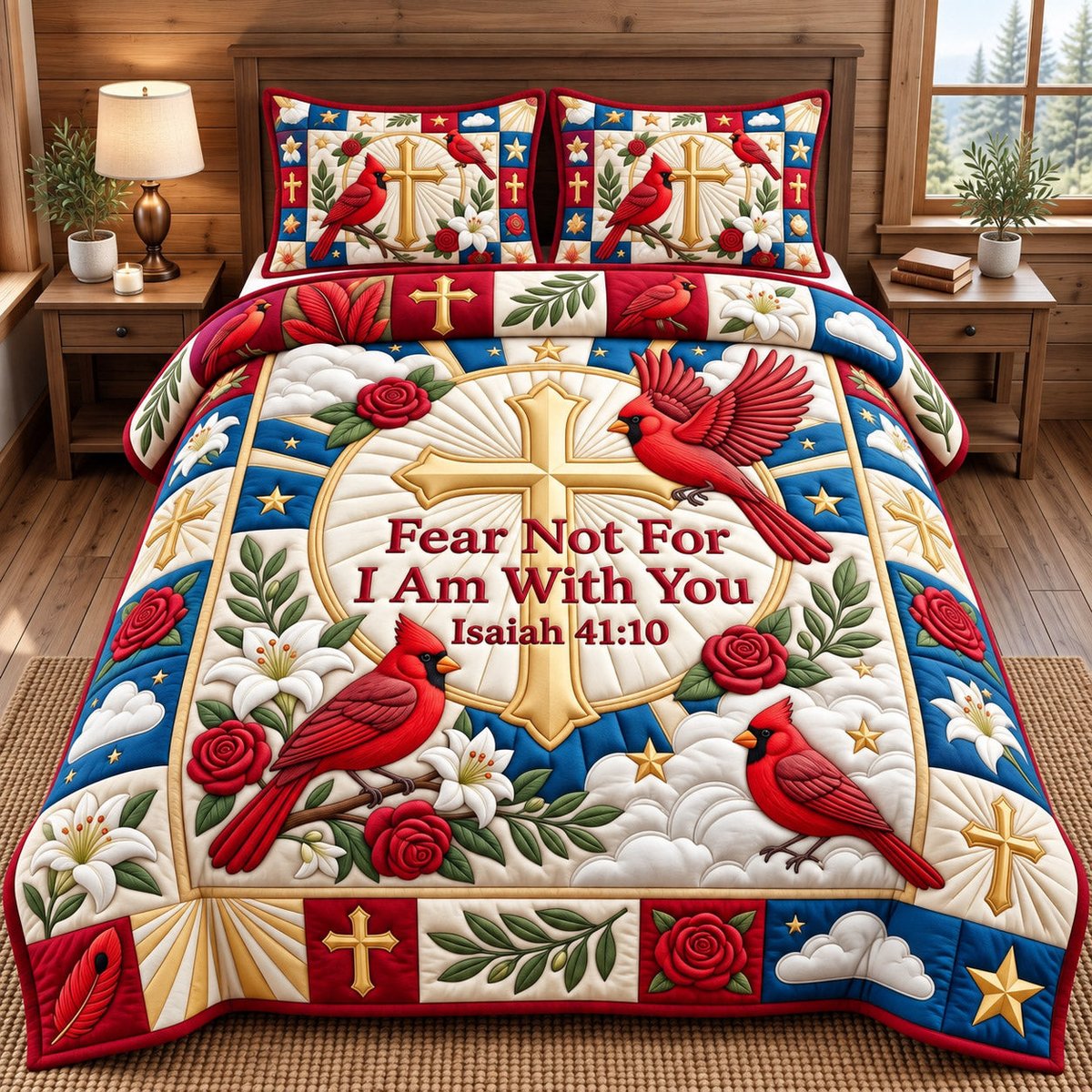 Cardinal Christian 3 Piece Quilted Bedding Set Gift For Bird Lovers