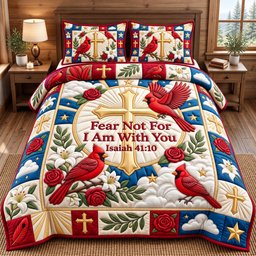 Cardinal Christian 3 Piece Quilted Bedding Set Gift For Bird Lovers