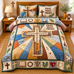 Pray Wait Trust Hummingbird 3 Piece Quilted Bedding Set Gift For Bird Lovers