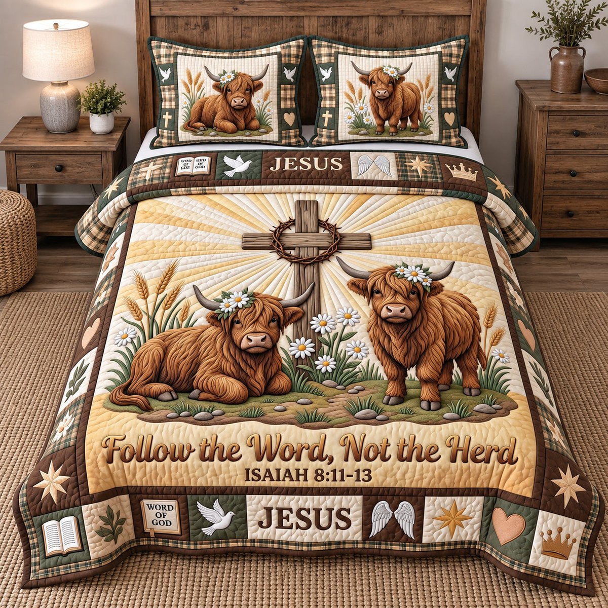 Highland Cows Cross Christian 3 Piece Quilted Bedding Set Gift For Cow Lovers