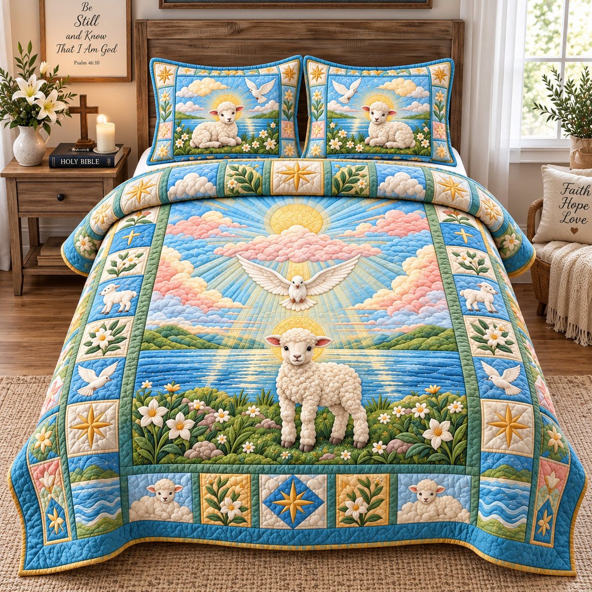 Lamb of God 3 Piece Quilted Bedding Set Gift For Christians